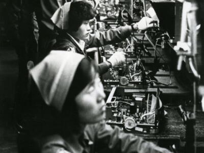 Female factory workers on assembly line 1981